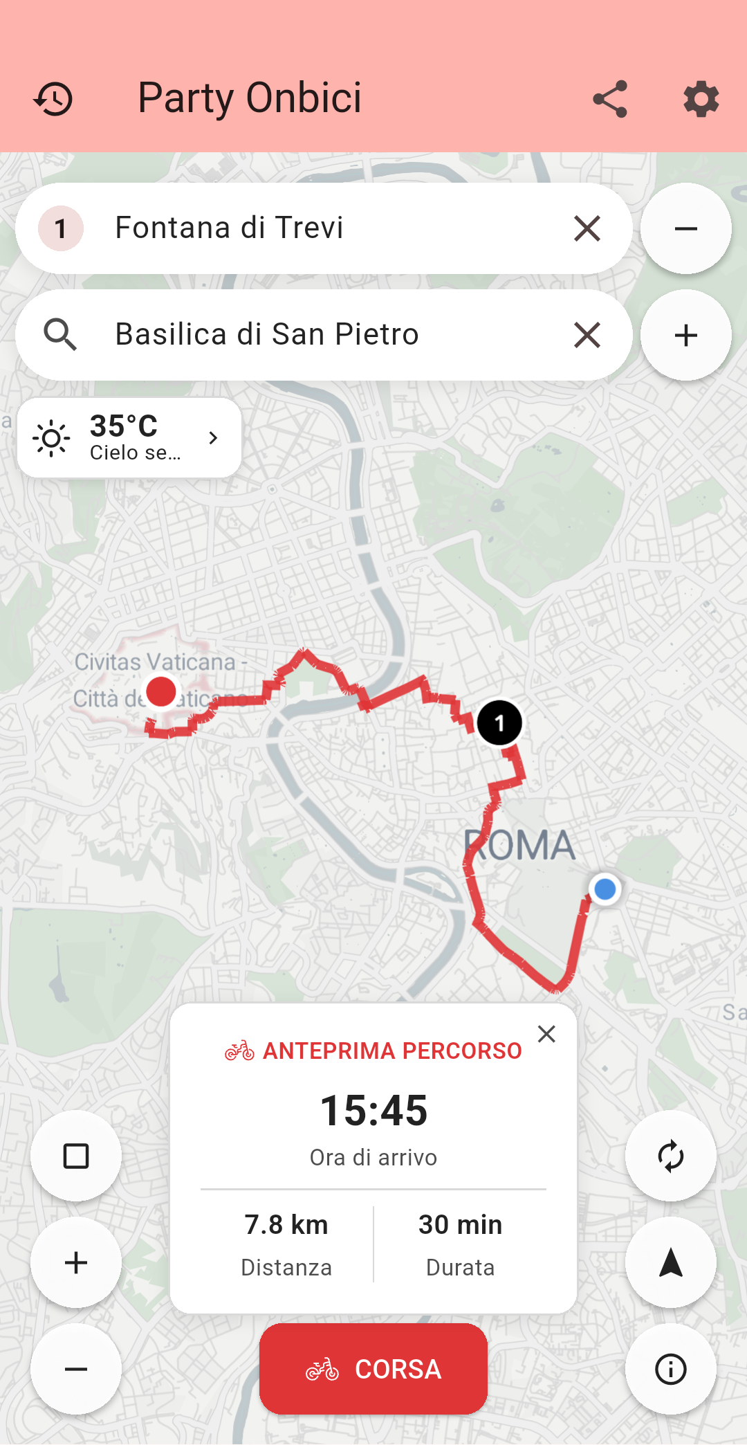 Party Onbici Android - Pianificazione percorsi