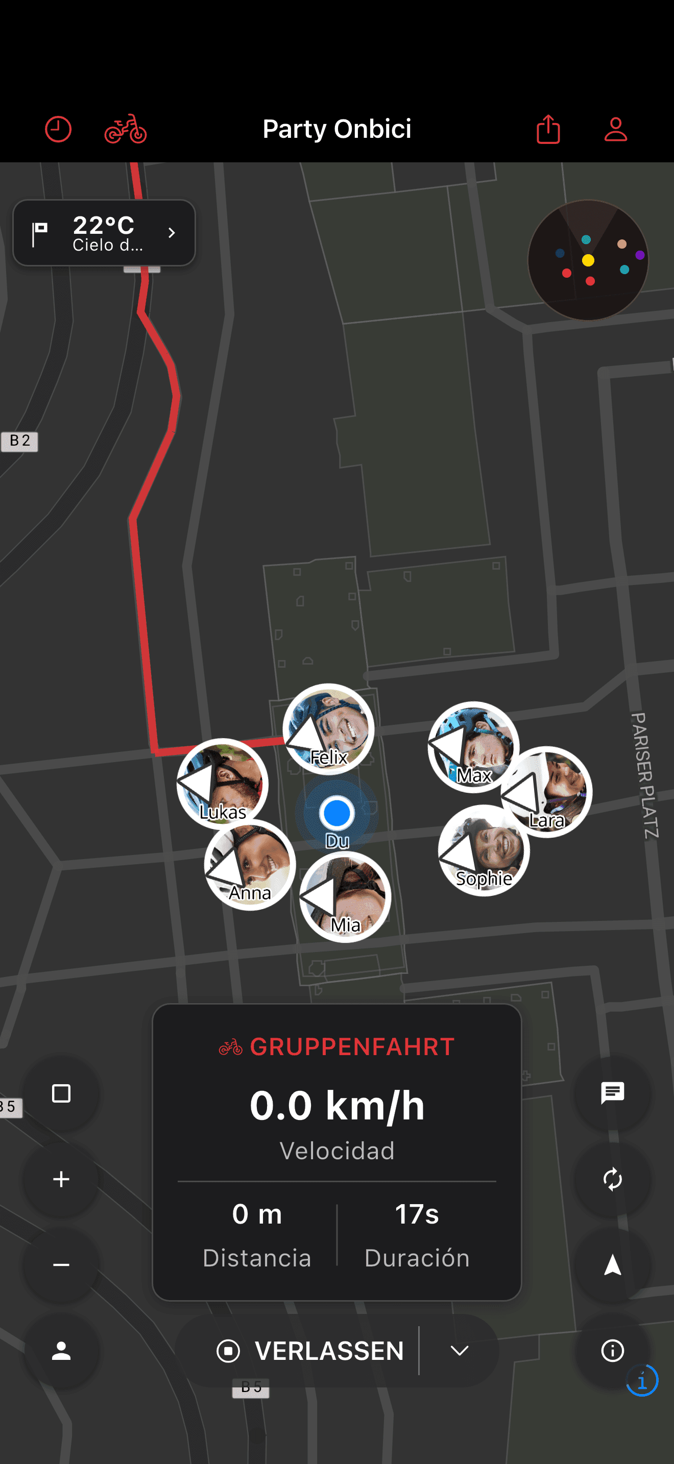 Mitfahrer gemeinsam auf der Ausfahrt-Karte angezeigt (dark mode)