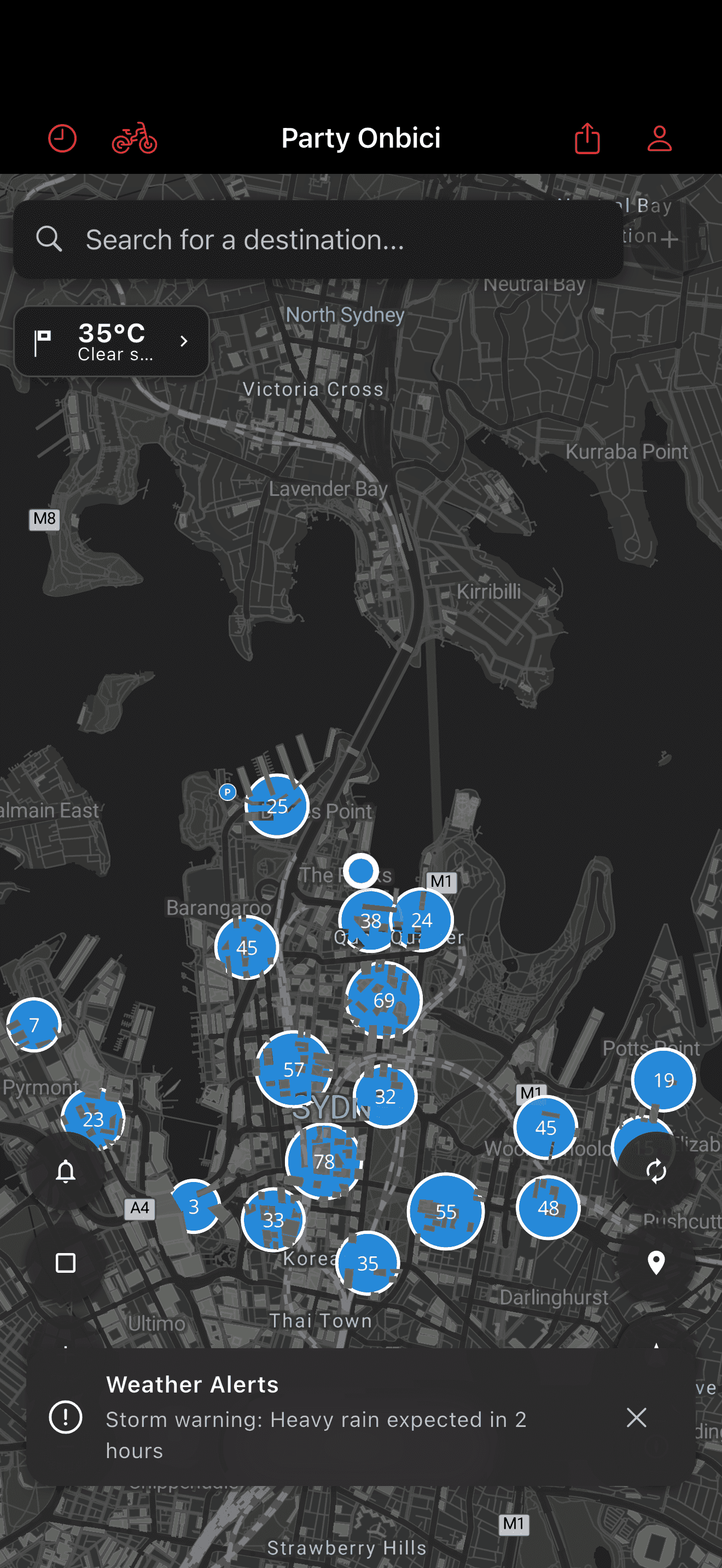 Bike parking clusters on the map (dark mode)