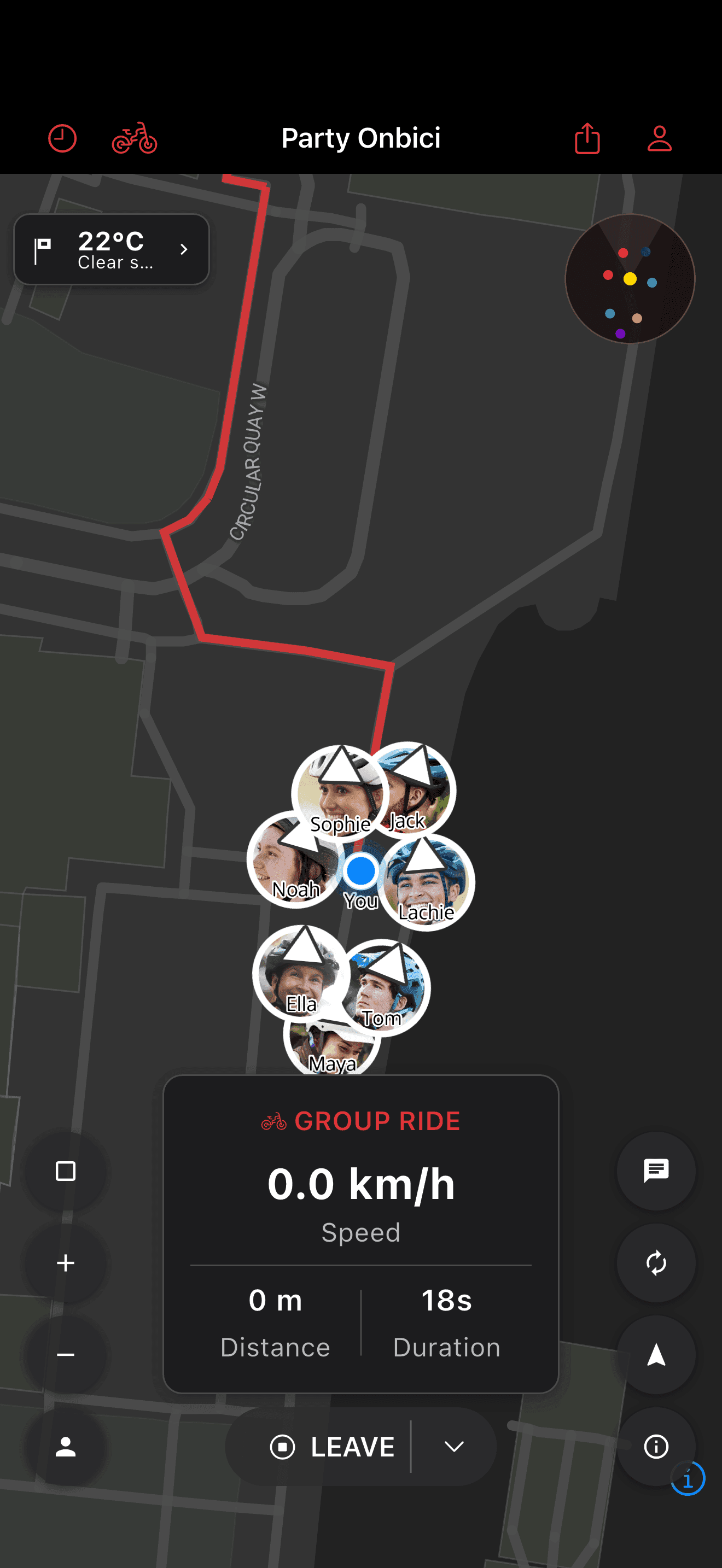 Riders shown together on the party map (dark mode)