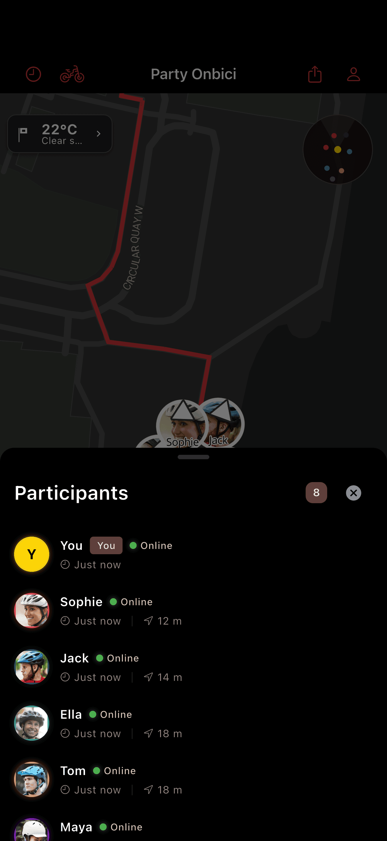 Party participant list (dark mode)