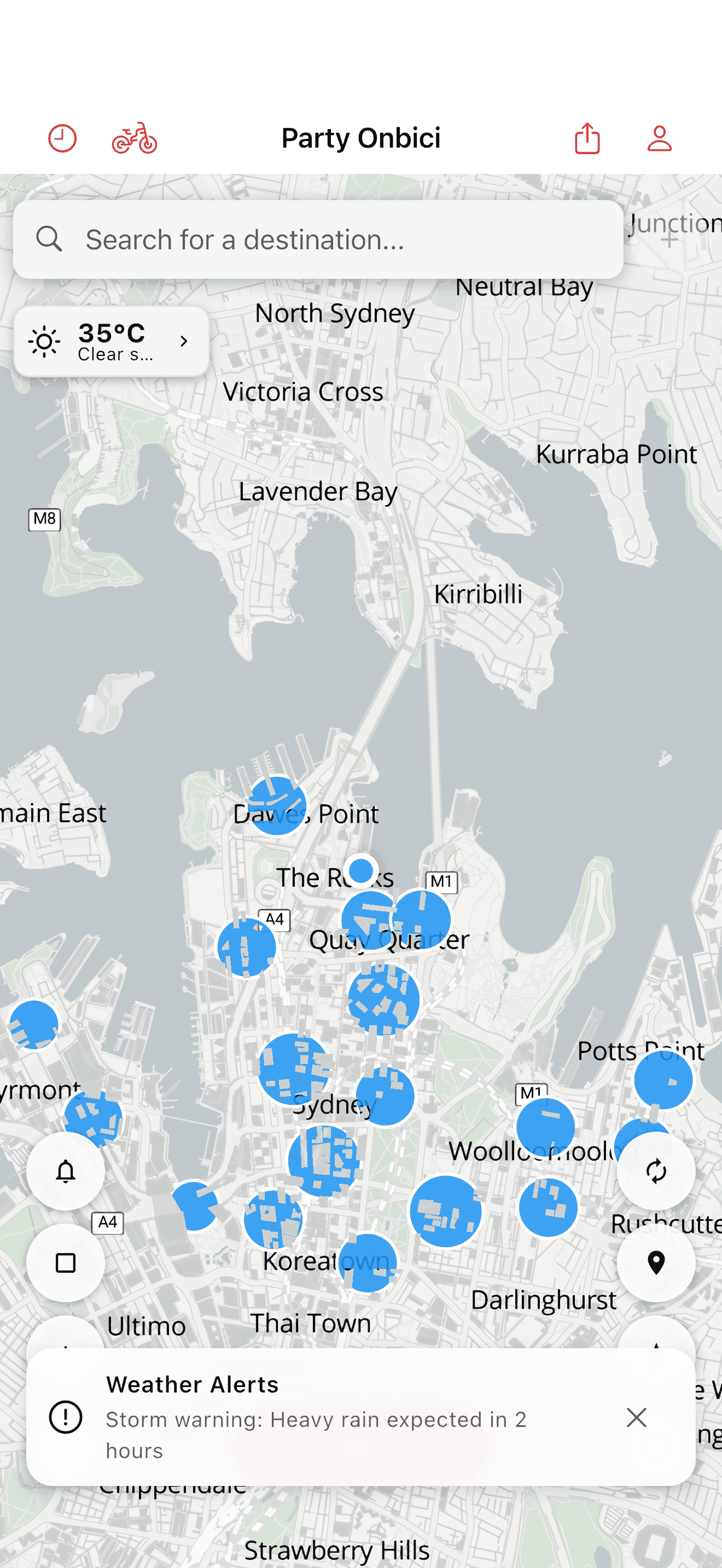 Bike parking clusters on the map (light mode)