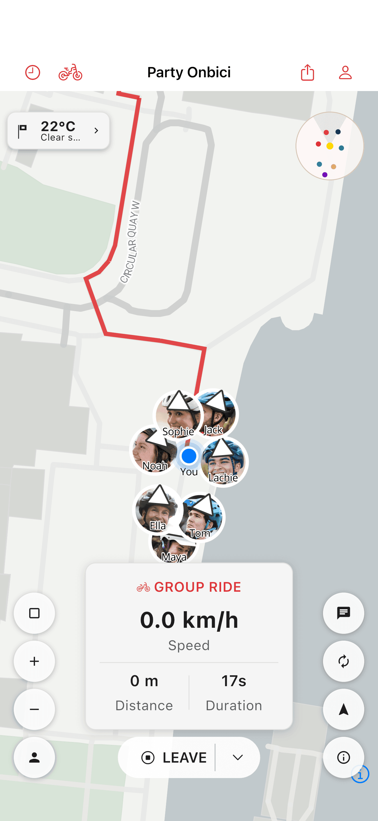 Riders shown together on the party map (light mode)