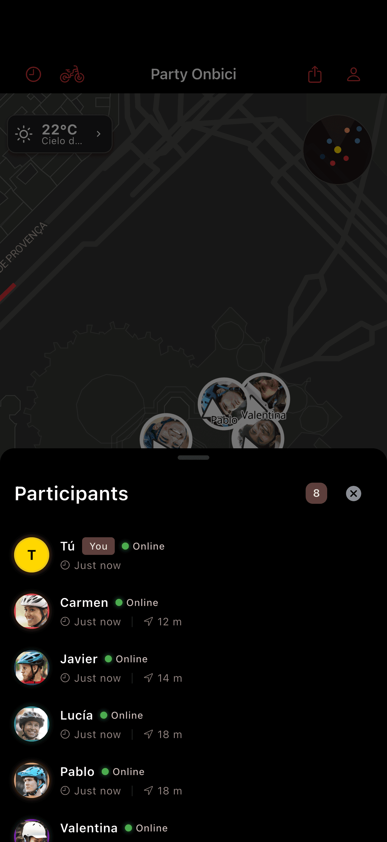 Lista de participantes de la salida (dark mode)