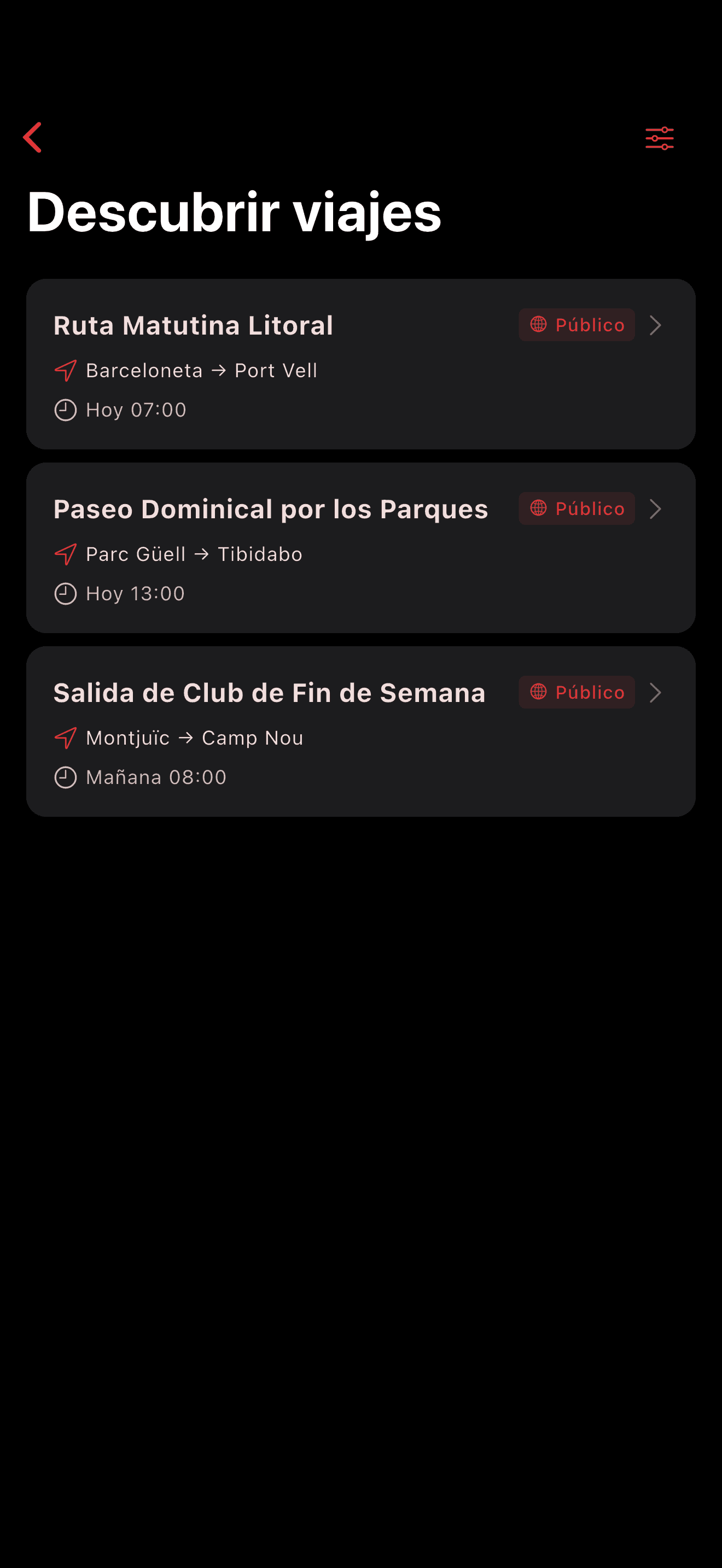 Descubre salidas cercanas en el mapa (dark mode)