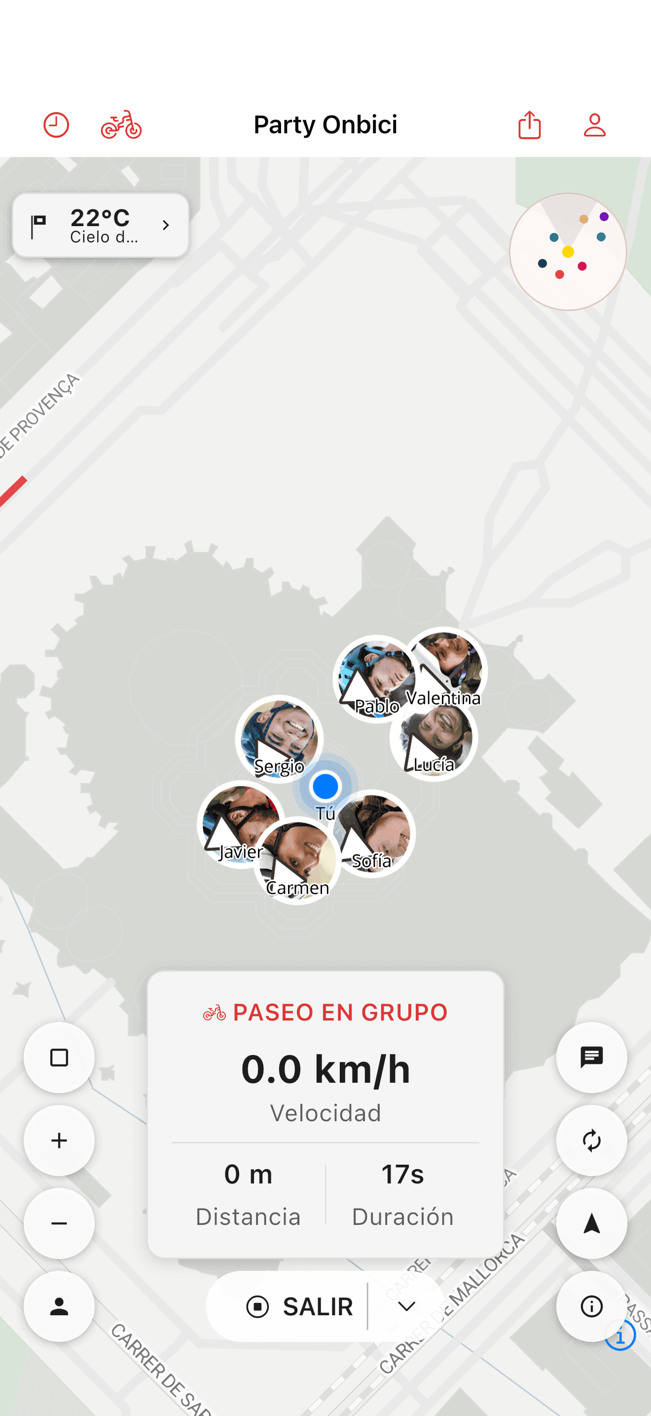 Ciclistas mostrados juntos en el mapa de la salida (light mode)