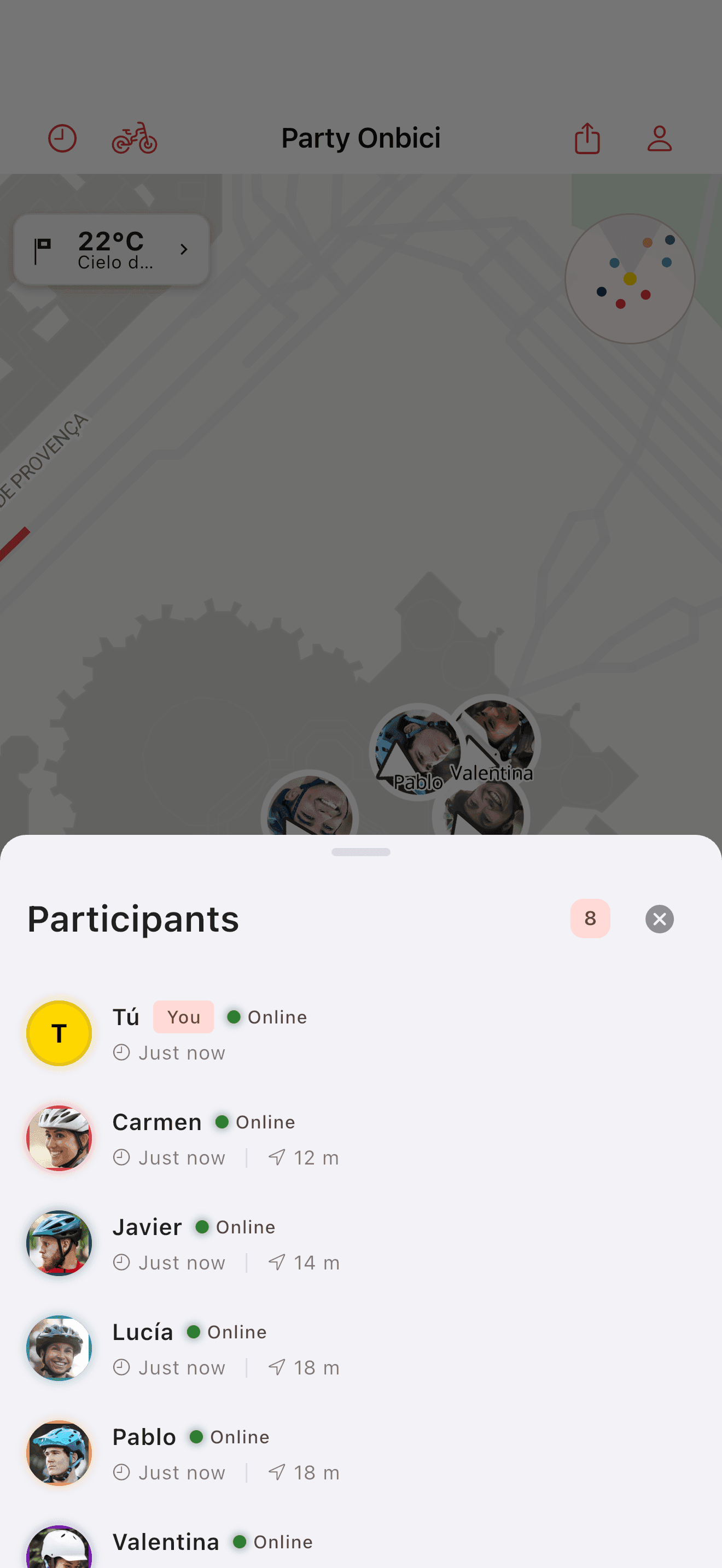 Lista de participantes de la salida (light mode)