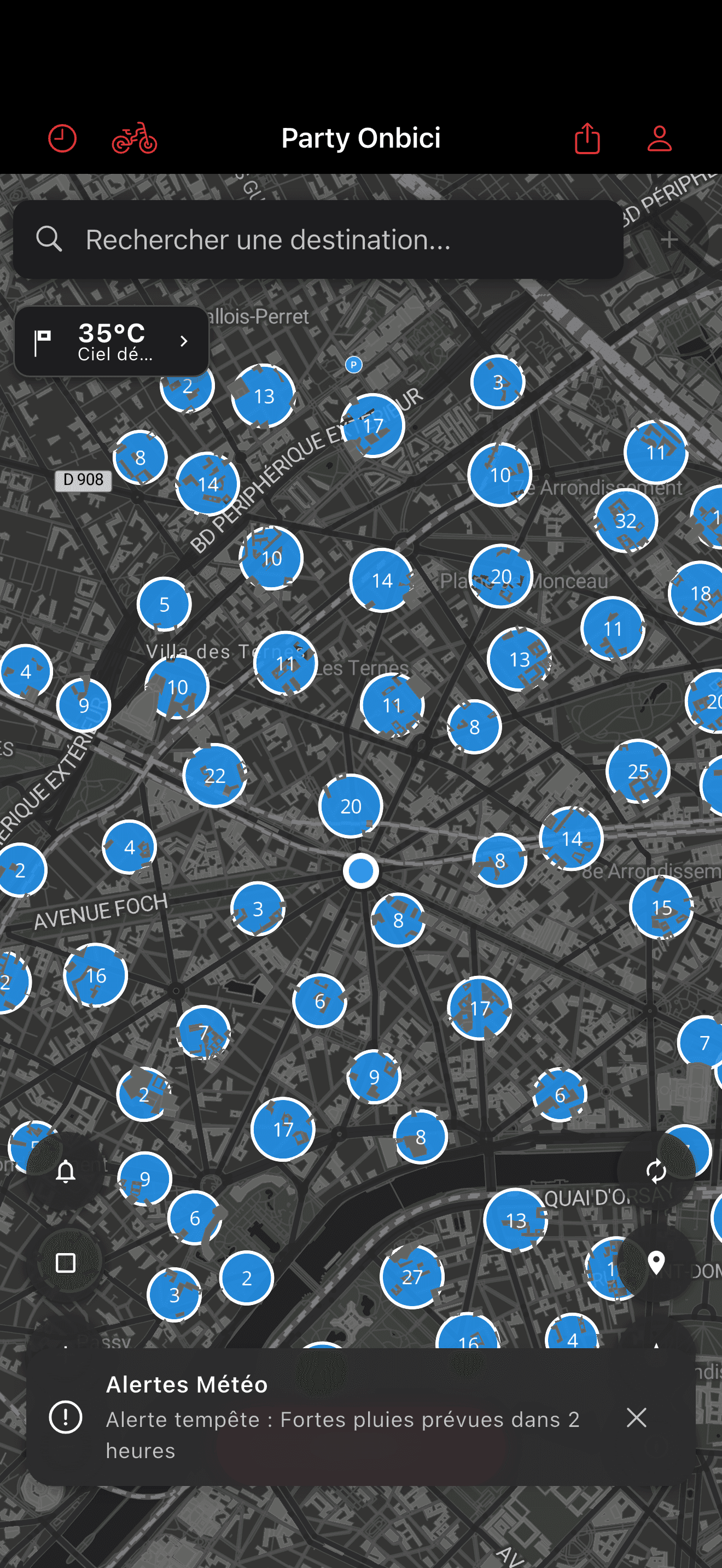 Regroupements de stationnement vélo sur la carte (dark mode)