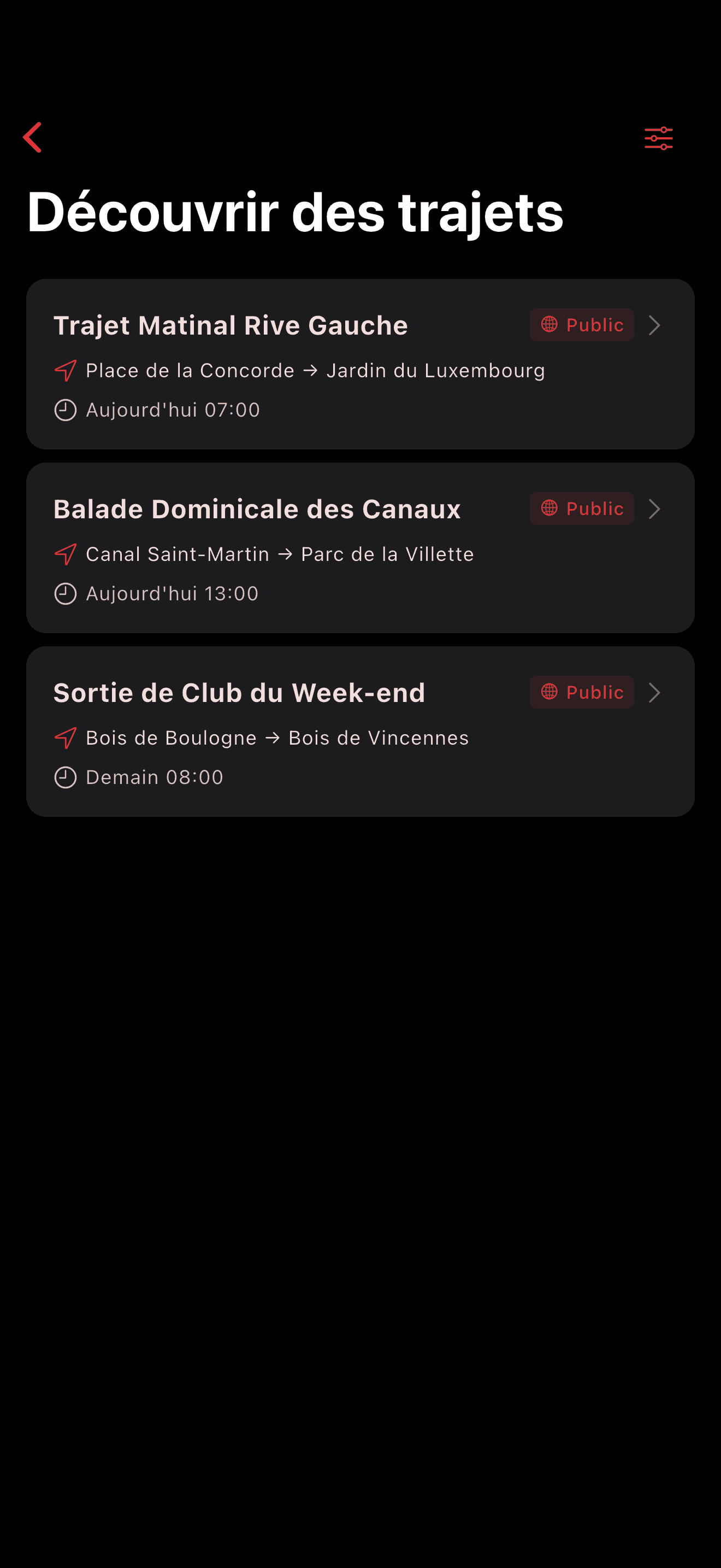 Découvrir les sorties à proximité sur la carte (dark mode)