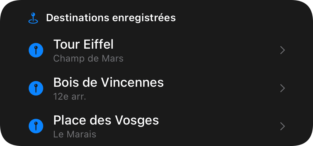 Destinations enregistrées (dark)