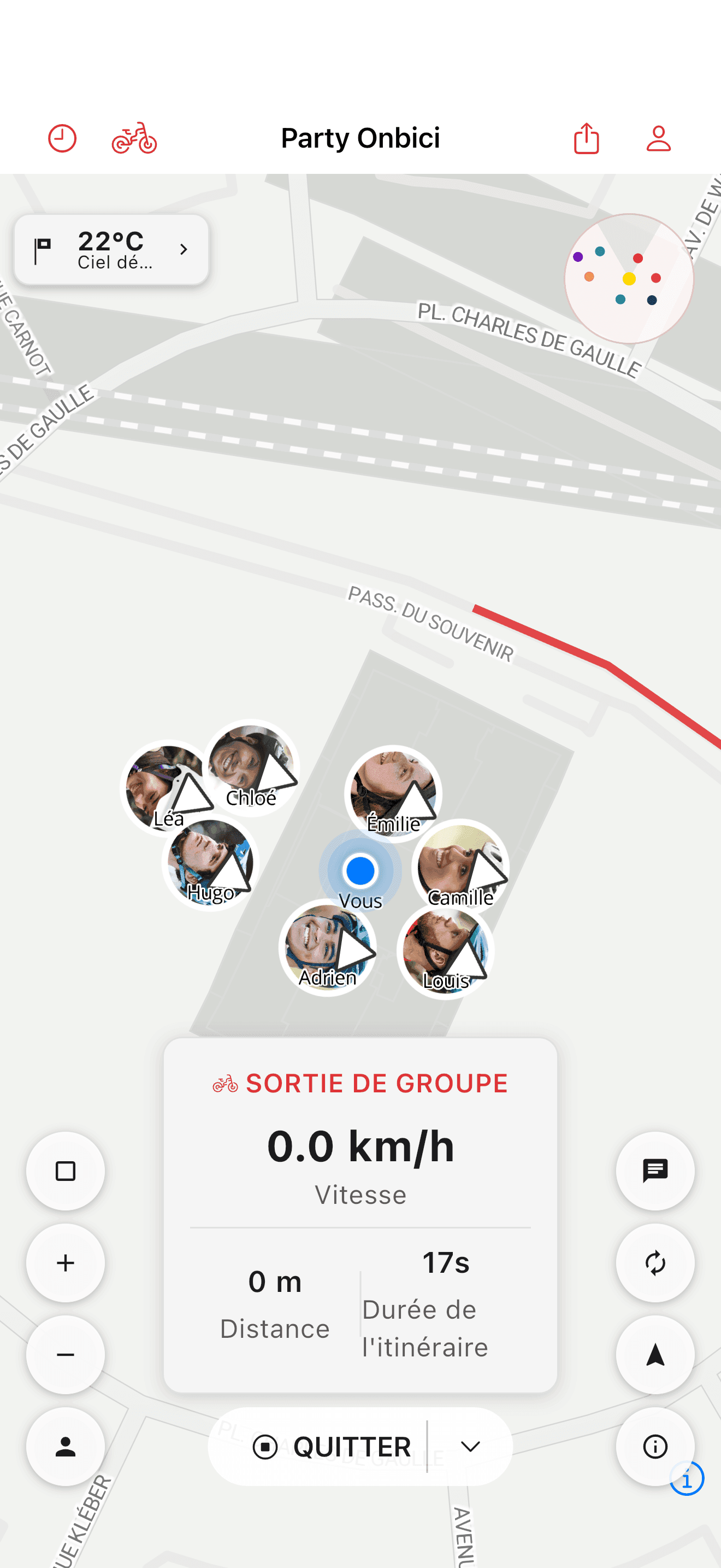 Les cyclistes affichés ensemble sur la carte de la sortie (light mode)