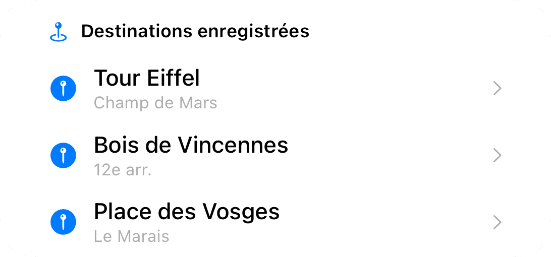 Destinations enregistrées (light)