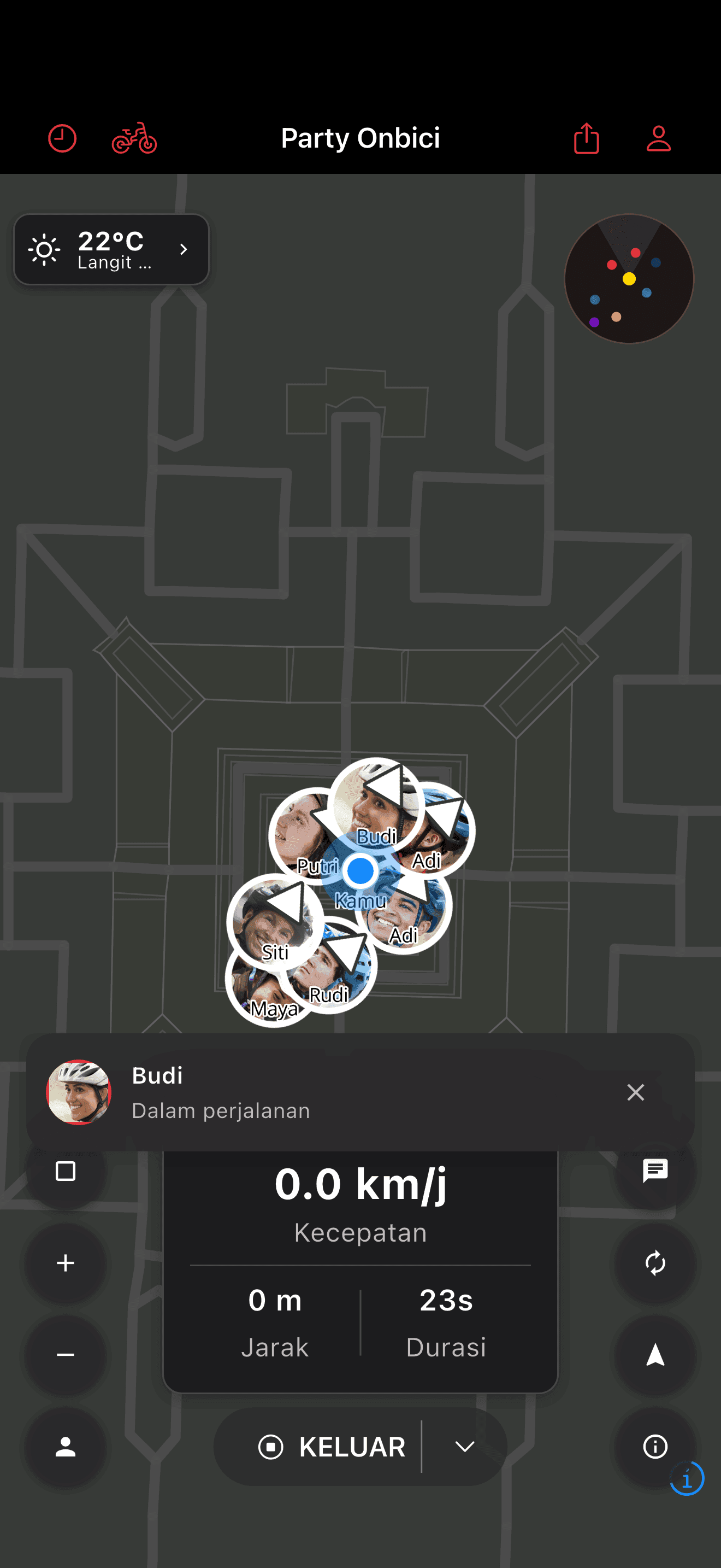 Toast pesan saat gowes dengan avatar pengirim (dark mode)