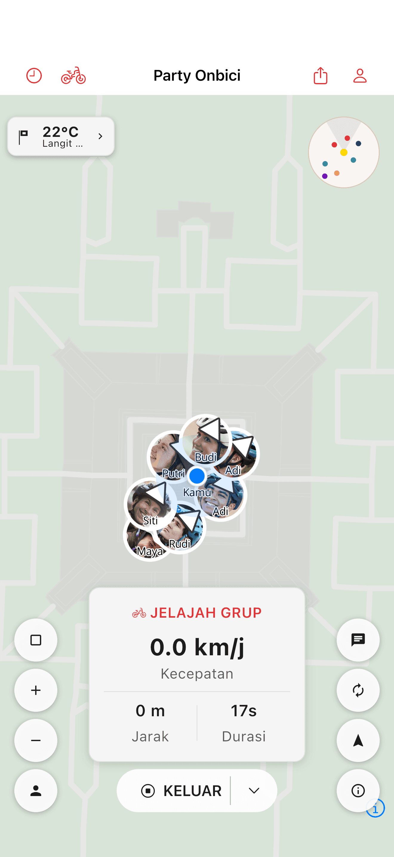 Para pesepeda ditampilkan bersama di peta party (light mode)