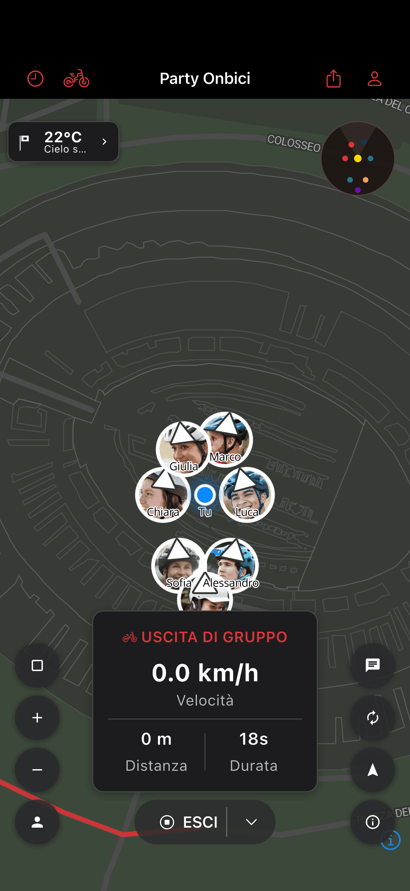 Ciclisti mostrati insieme sulla mappa dell'uscita (dark mode)