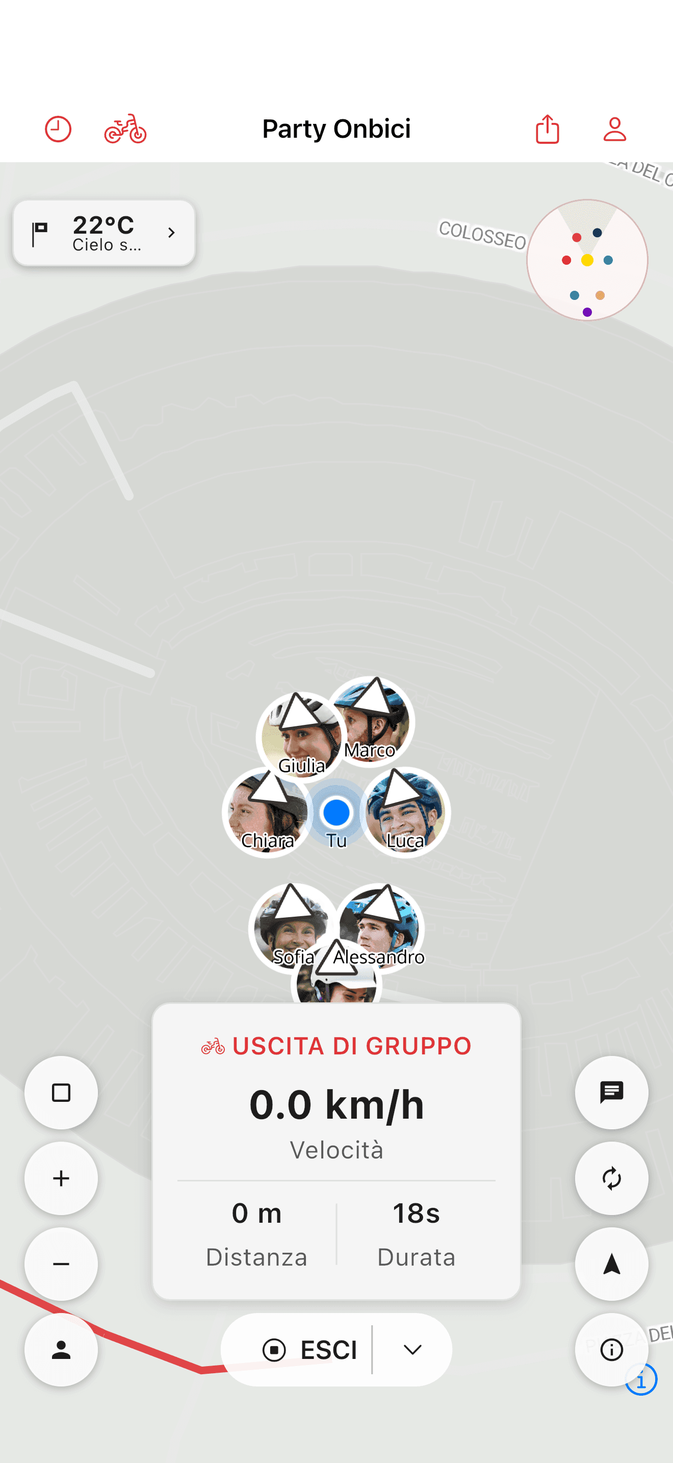 Ciclisti mostrati insieme sulla mappa dell'uscita (light mode)