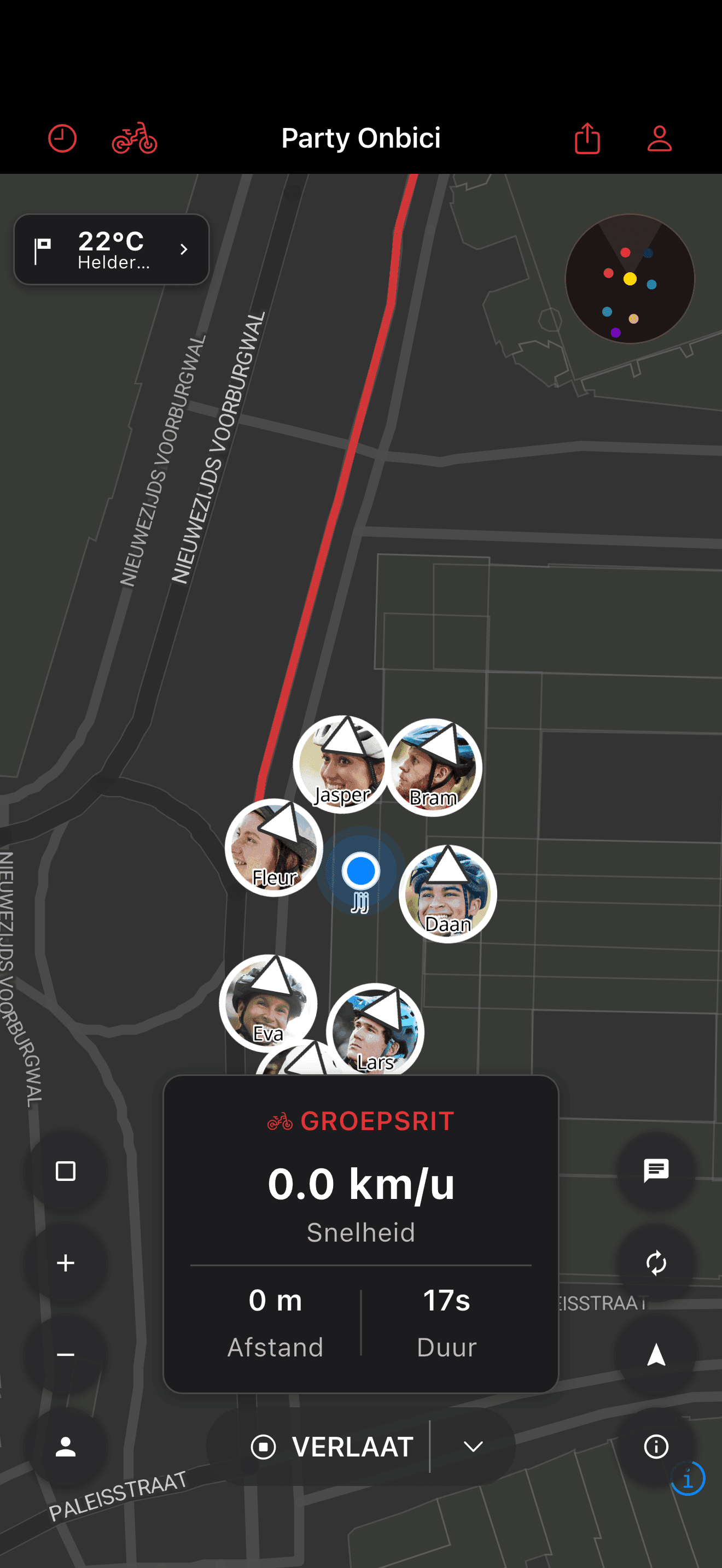 Renners samen weergegeven op de partykaart (dark mode)