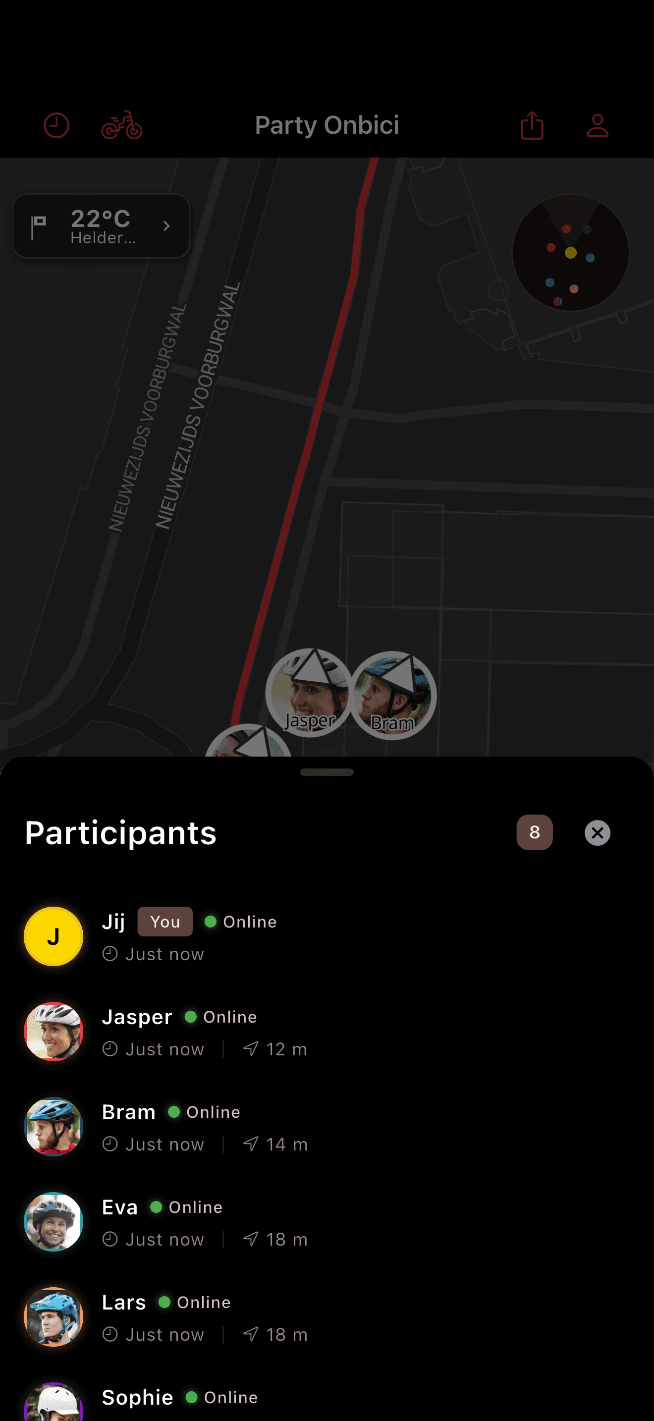 Deelnemerslijst van de party (dark mode)