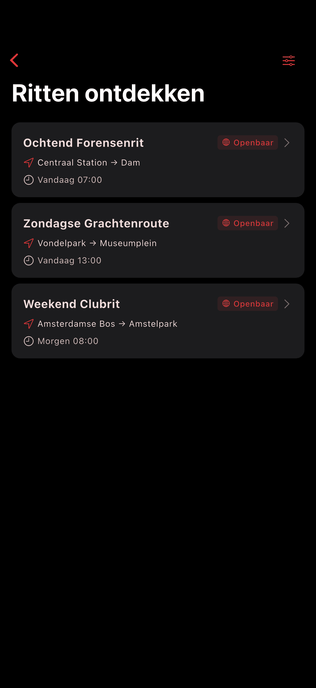 Ontdek partys in de buurt op de kaart (dark mode)
