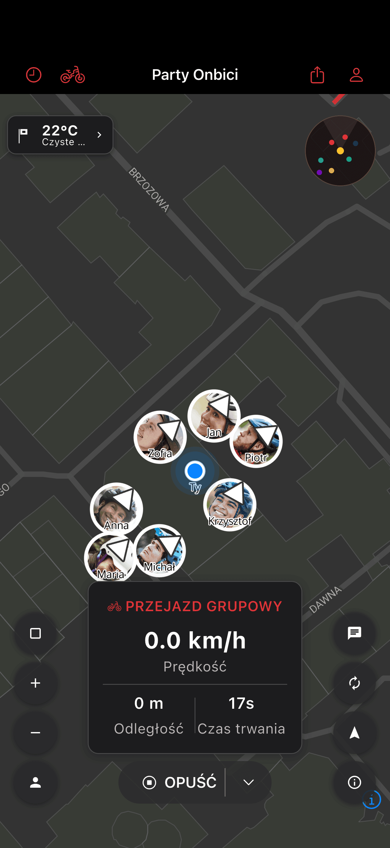 Rowerzyści pokazani razem na mapie party (dark mode)
