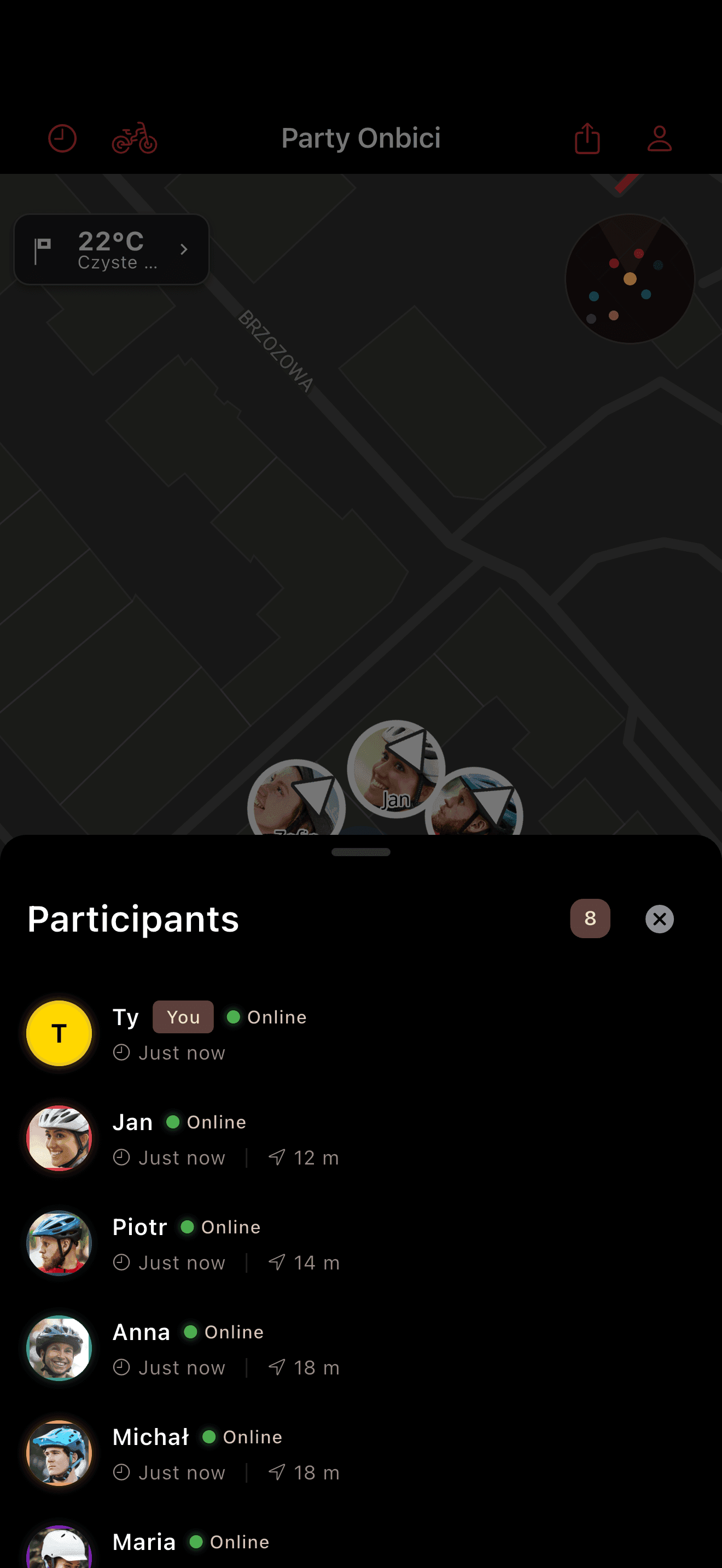 Lista uczestników party (dark mode)