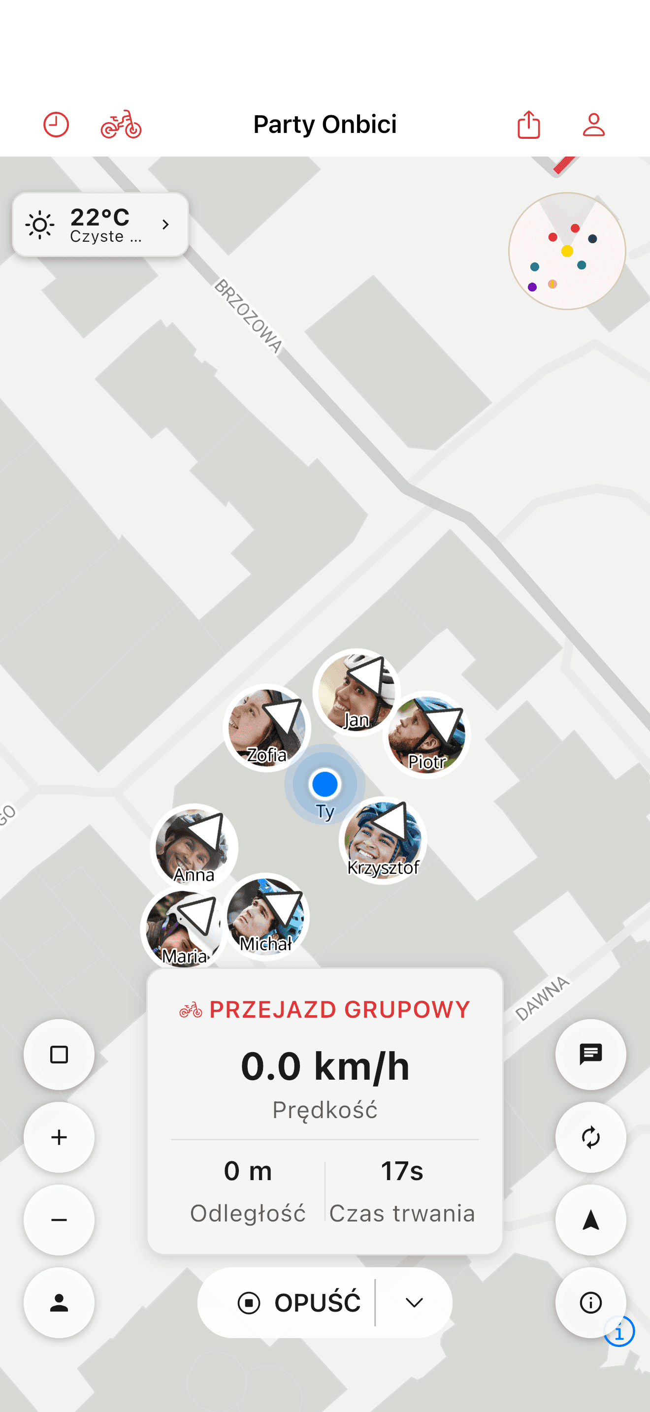Rowerzyści pokazani razem na mapie party (light mode)
