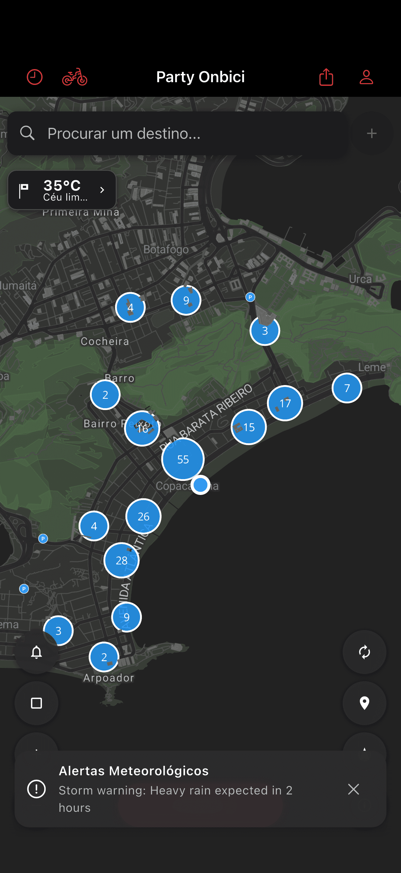 Agrupamentos de bicicletários no mapa (dark mode)