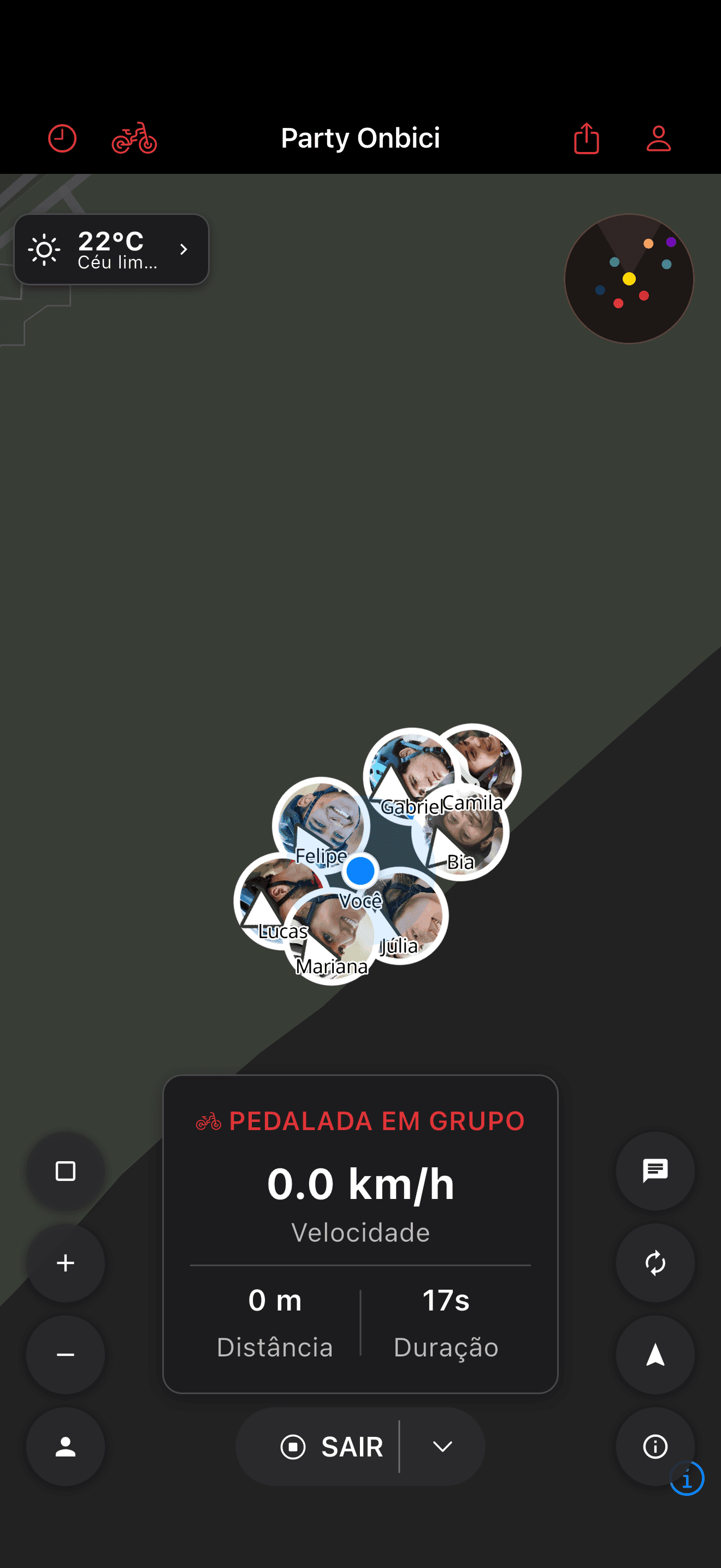 Ciclistas mostrados juntos no mapa do pedal (dark mode)