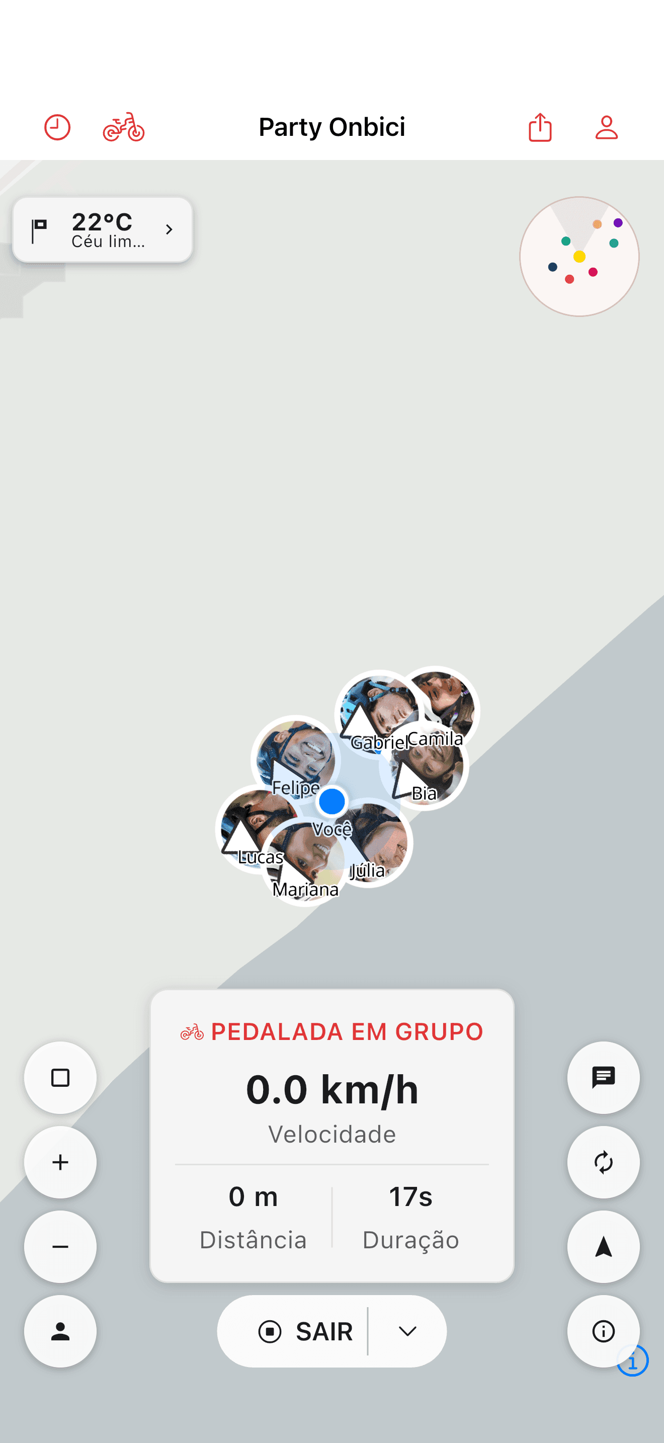 Ciclistas mostrados juntos no mapa do pedal (light mode)