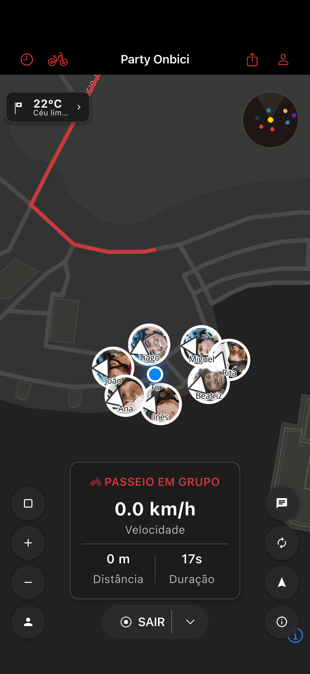 Ciclistas mostrados juntos no mapa da saída (dark mode)