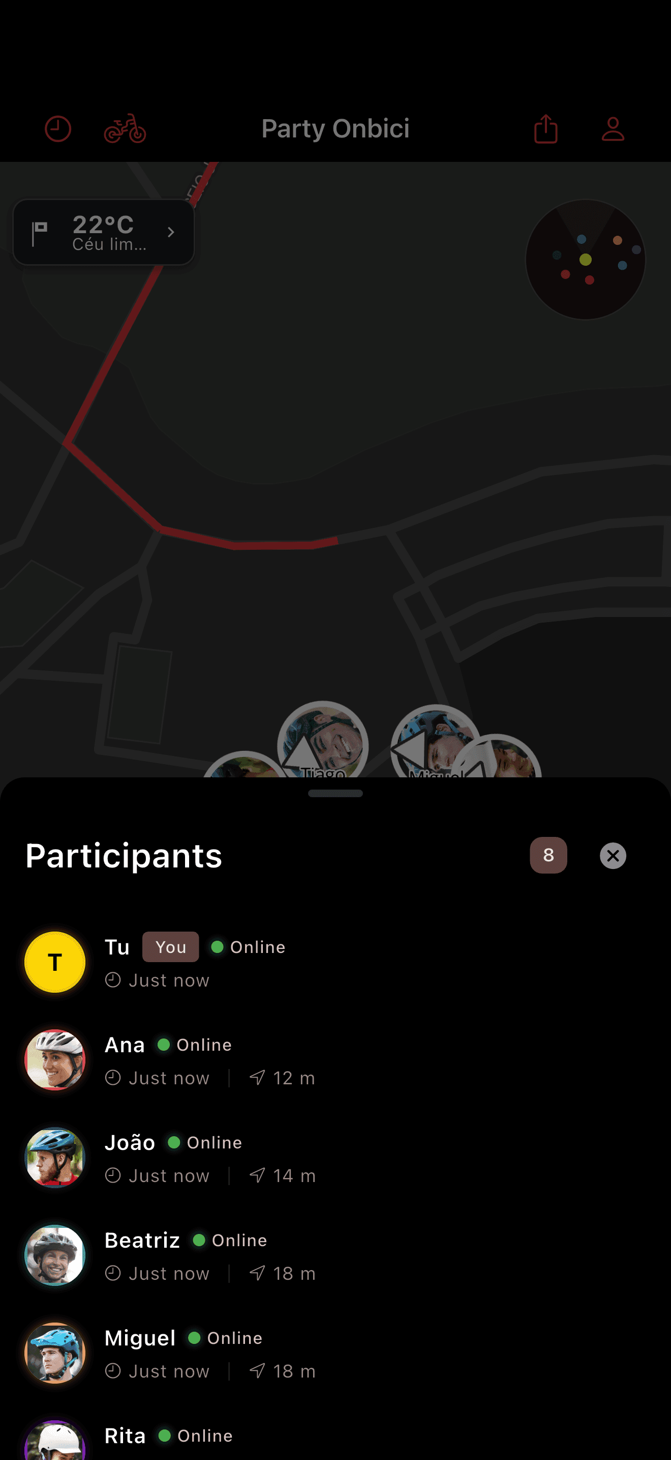 Lista de participantes da saída (dark mode)