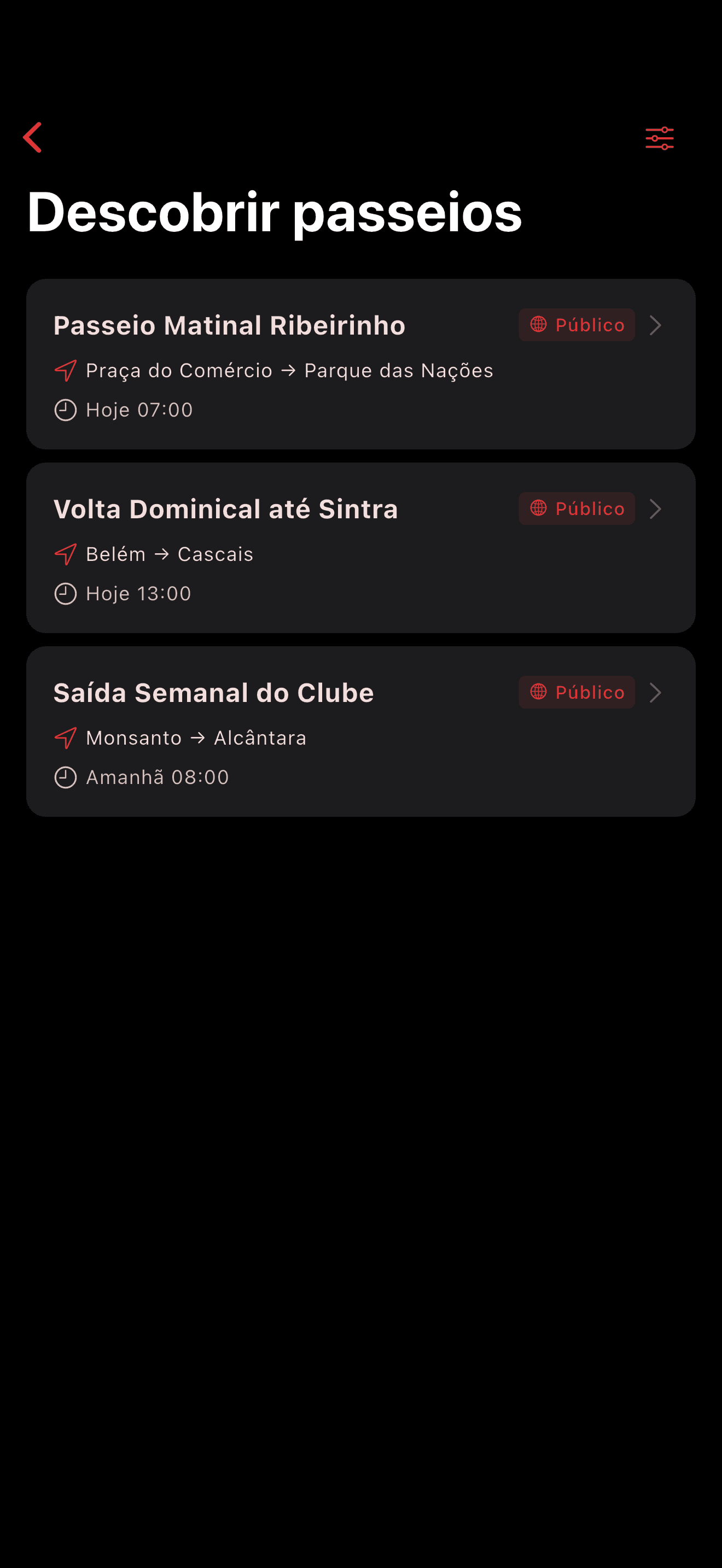 Descobre passeios próximos no mapa (dark mode)