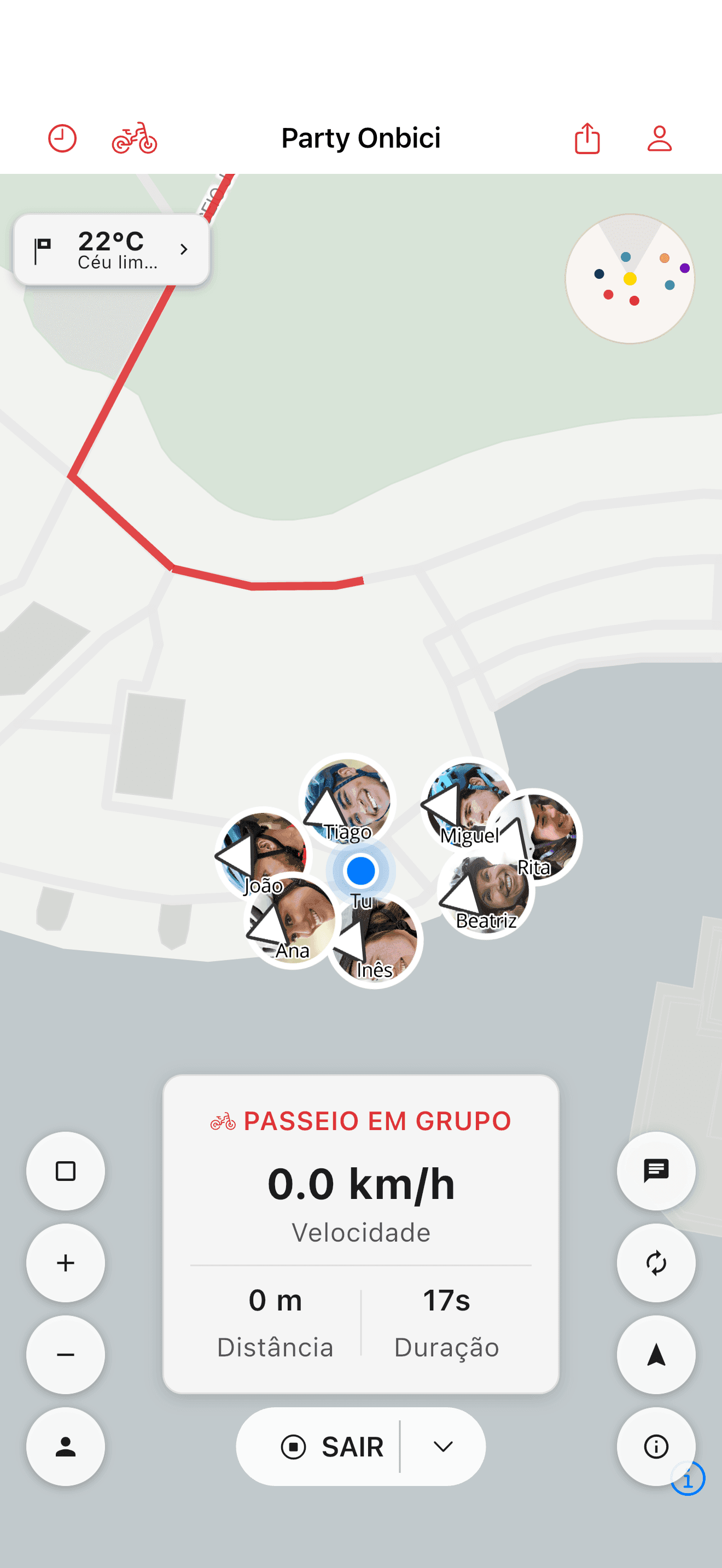 Ciclistas mostrados juntos no mapa da saída (light mode)