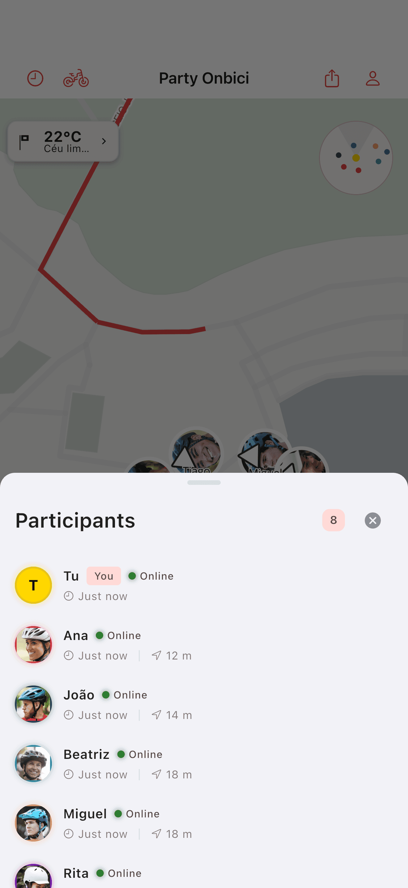 Lista de participantes da saída (light mode)