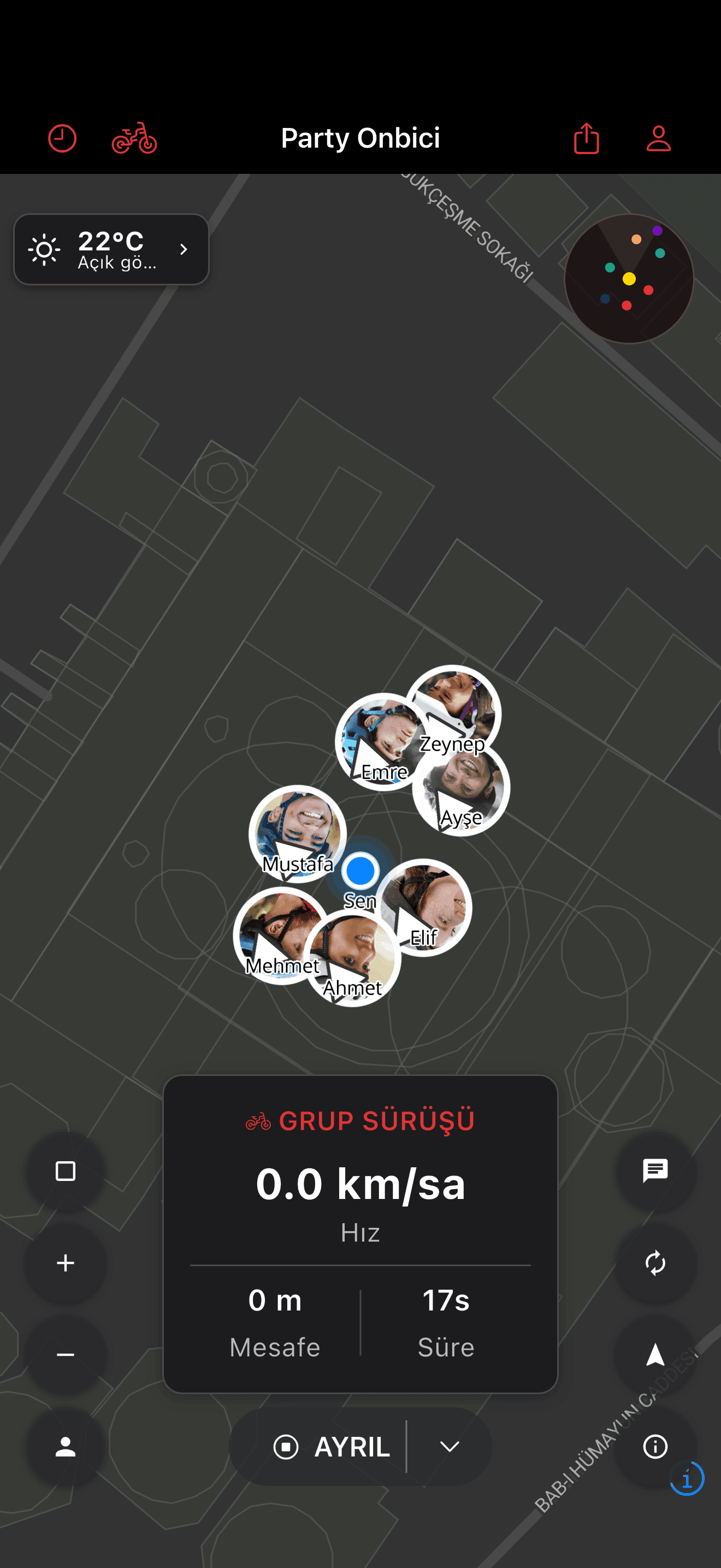 Parti haritasında birlikte gösterilen sürücüler (dark mode)