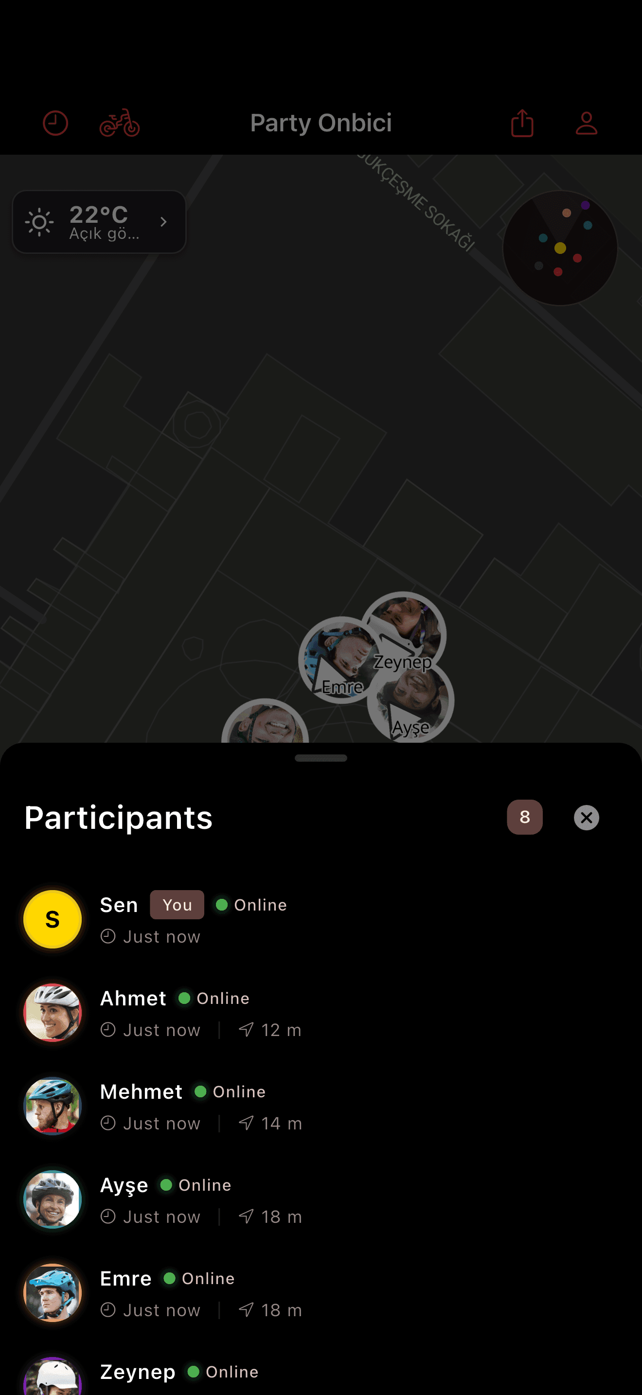 Parti katılımcı listesi (dark mode)
