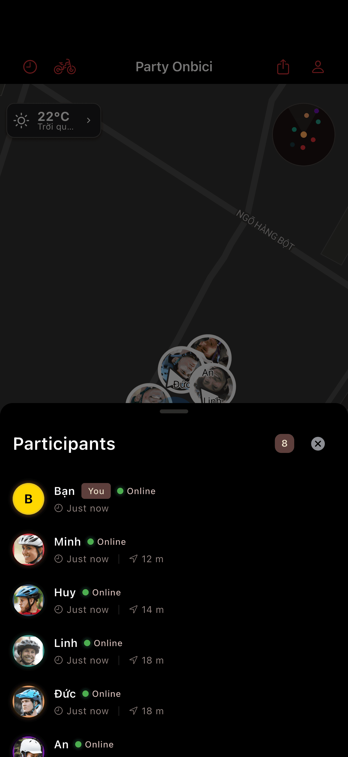Danh sách người tham gia buổi đạp (dark mode)