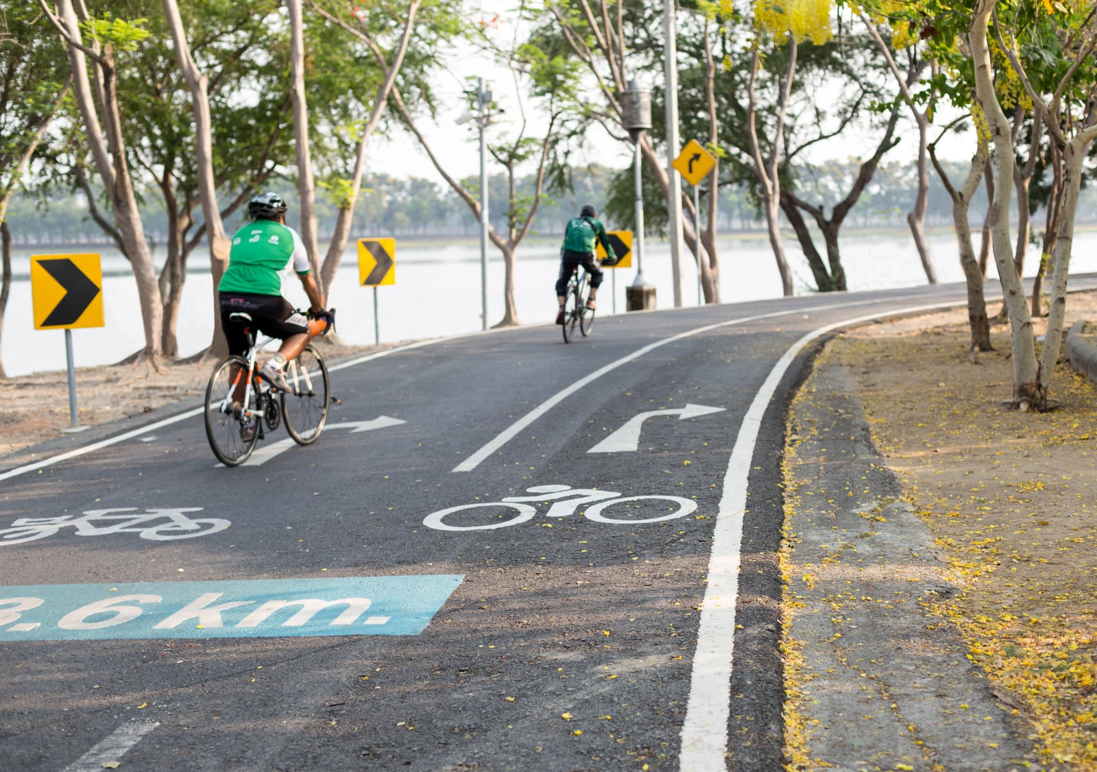 Cyclists riding along a scenic waterfront cycling path