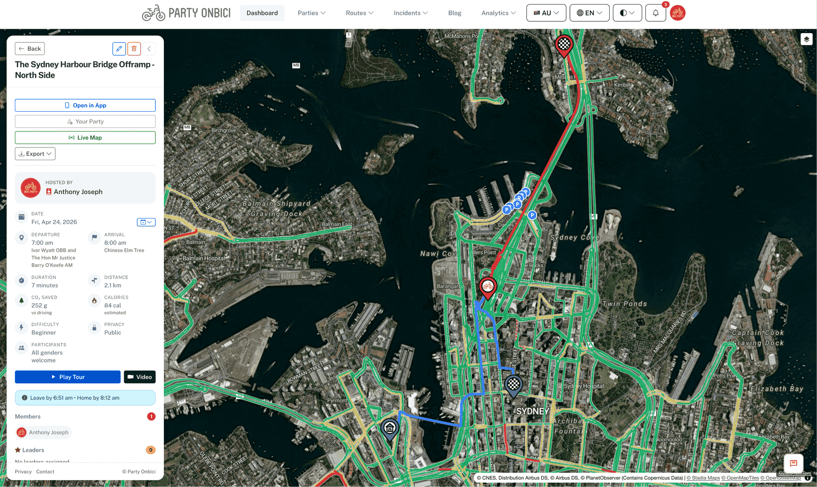 Traffic overlay on a Sydney party route, showing live road conditions in green, yellow, orange and red across the harbour and CBD