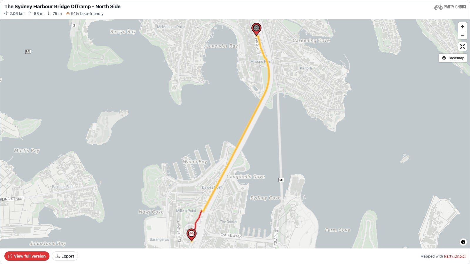 A Party Onbici route embed showing the Sydney Harbour Bridge cycleway with distance, climb and bike-friendly stats