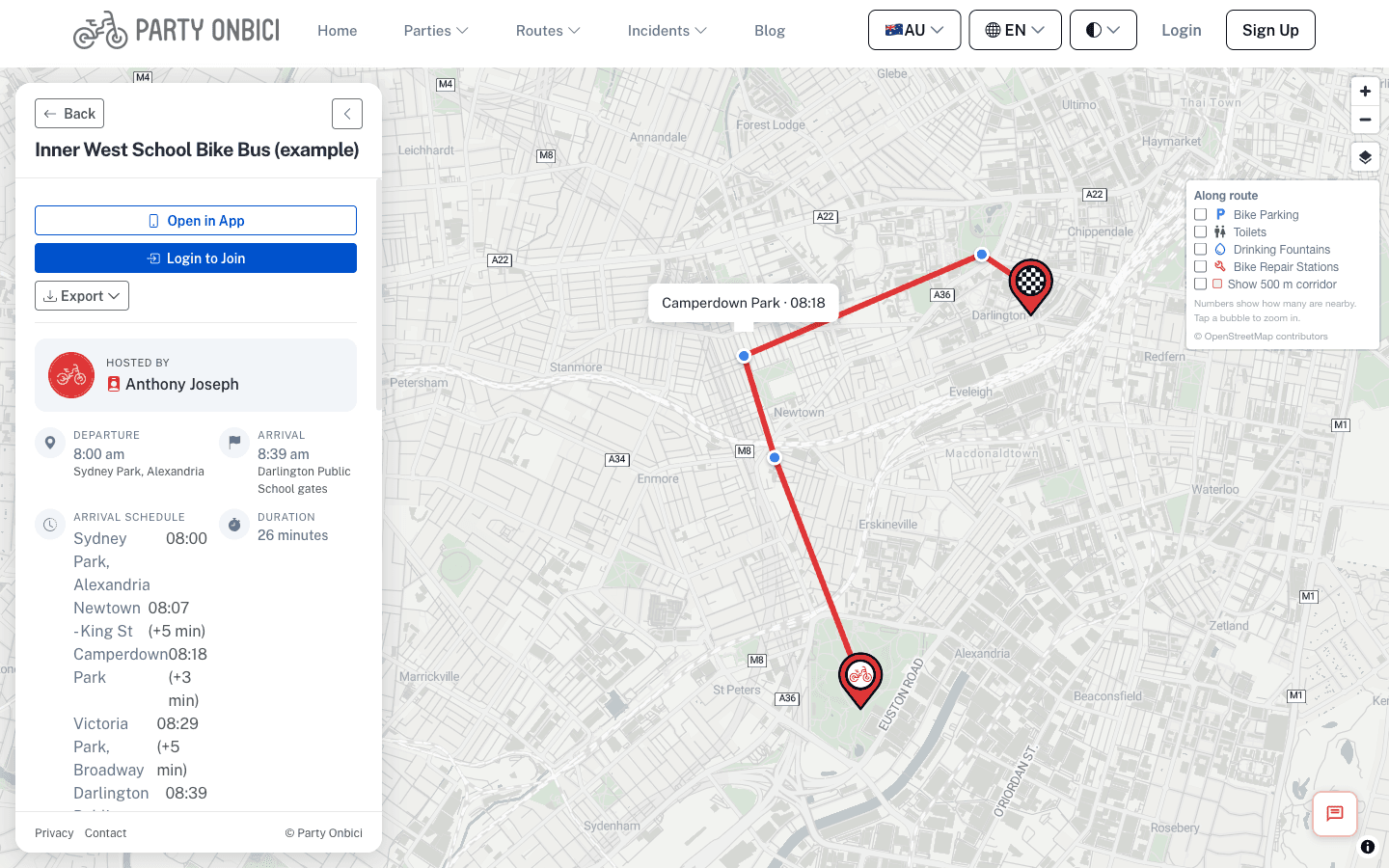 シドニー内西部の5つの停留所を通るバイクバスのルート。地図のマーカーのポップアップにある停留所の到着時刻が表示されている
