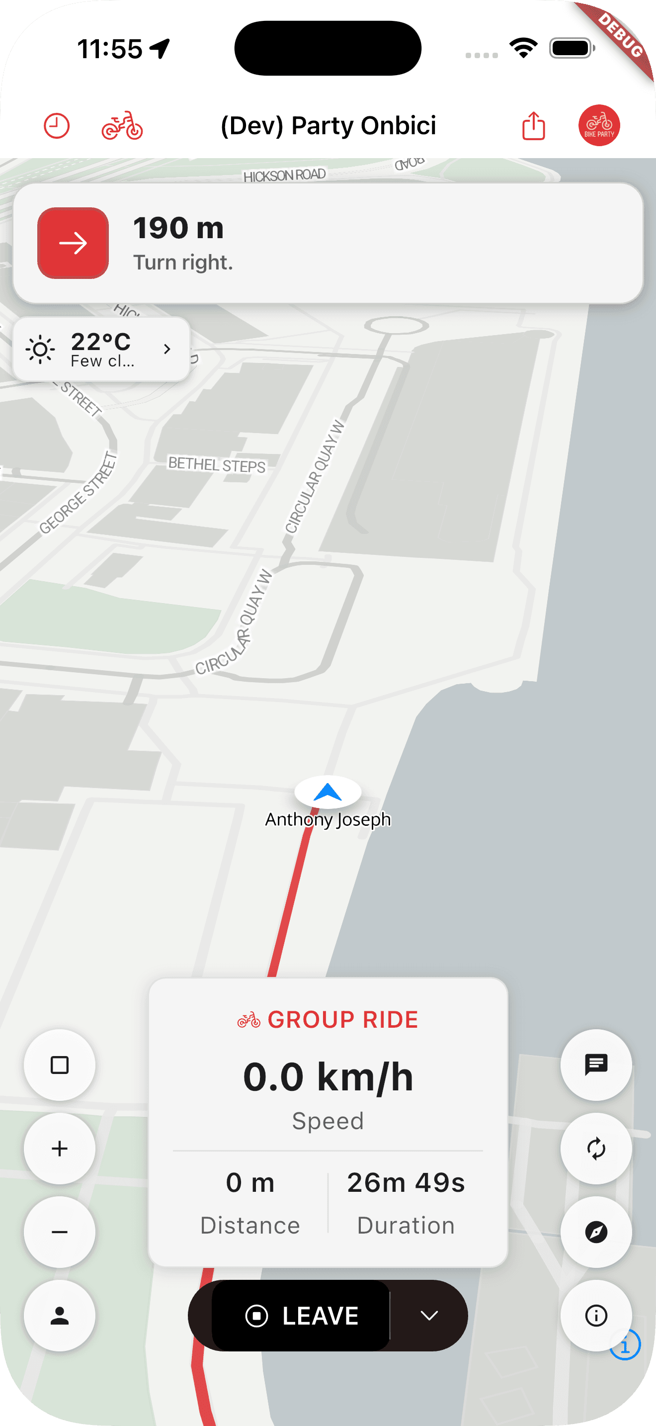 서큘러 키 근처의 그룹 라이드 내비게이션을 표시하는 iOS 앱