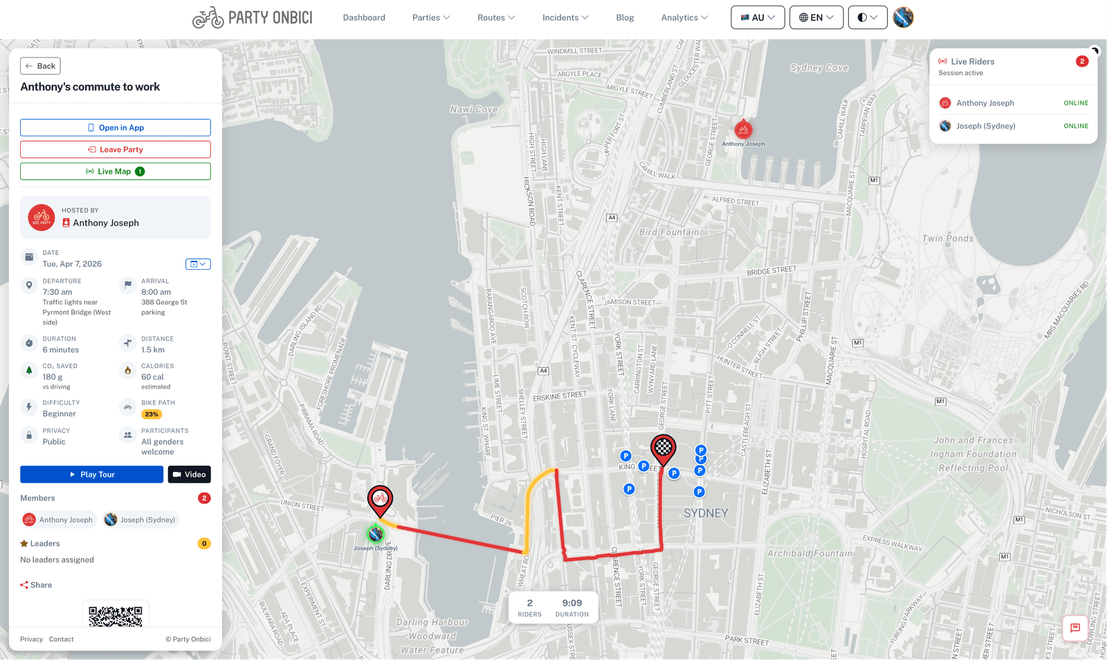 두 명의 라이더가 지도에서 추적되는 라이브 그룹 라이드 웹 뷰